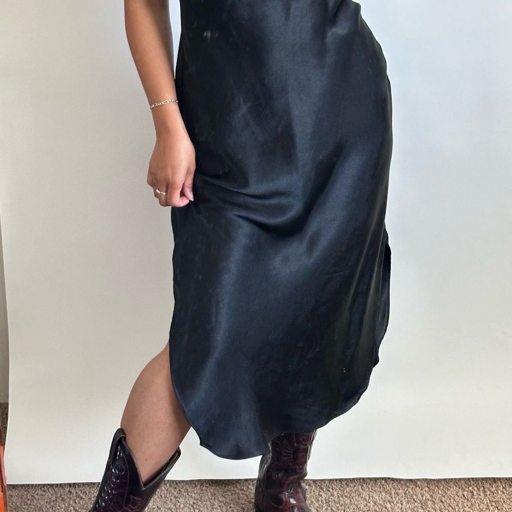 VINTAGE 90s Satin Slip Dress Black Floral With Lace Size- Small, also fits a M - Picture 7 of 13